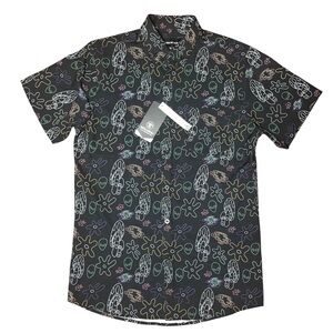 Molokai Surf Collared Button Short Sleeve Shirt Black Alien Mushroom NWT Small